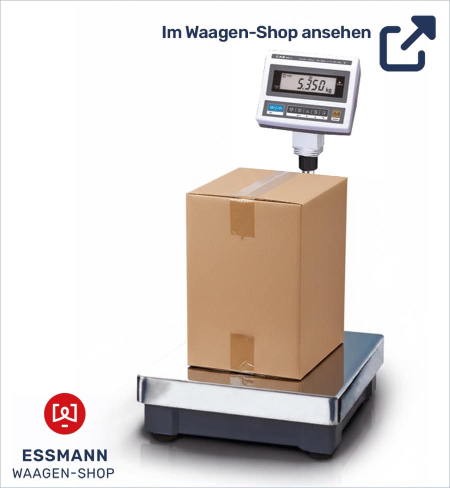 Paket auf einer Waage, die 5,350 kg anzeigt. Oben der Text 'Im Waagen-Shop ansehen'. Unten links das Logo 'ESSMANN WAAGEN-SHOP'.