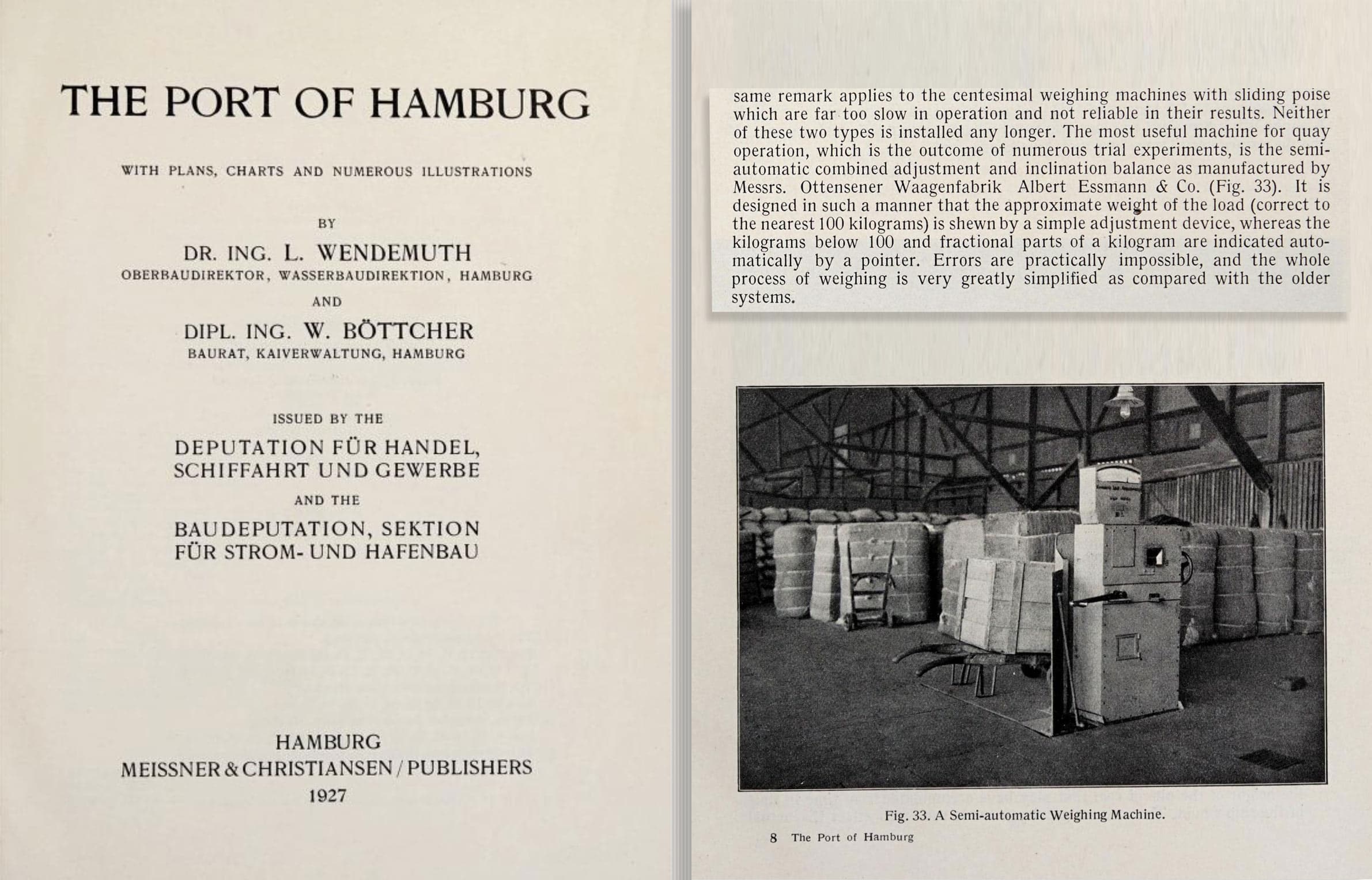 Auszug aus "The Port of Hamburg with Plans Charts and Numerous Illustrations" von 1927 mit dem Foto einer ESSMANN-Plattformwaage in einem Kaispspeicher 