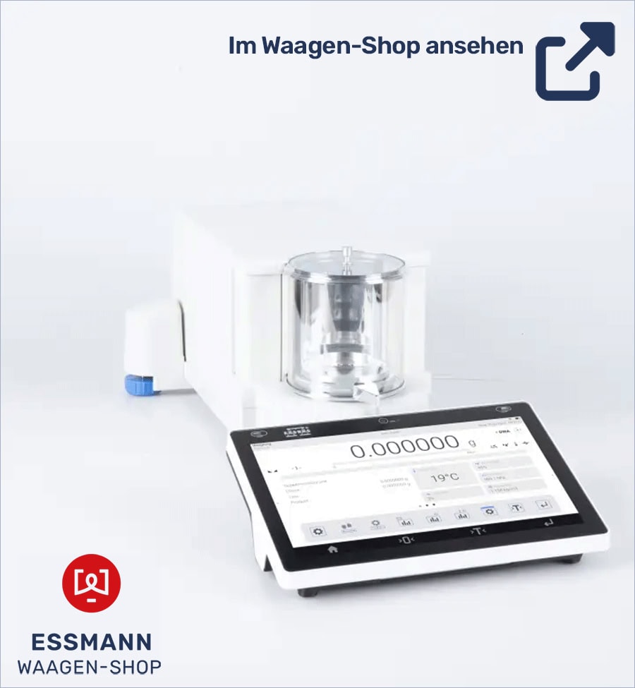 Weiße Ultra-Mikrowaage RADWAG ELLIPSIS UYA-6.5Y mit digitalem Display. Anzeige von 0.000000 g. Essmann-Logo unten links. Link zur Shop-Seite oben rechts.