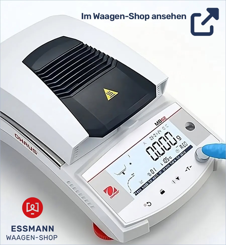 Witte Ohaus MB62 vochtigheidsanalysator in de weegschaalwinkel van ESSMANN; digitaal display toont 0,000g, een blauwe handschoen bedient een knop; moderne, laboratoriumomgeving.