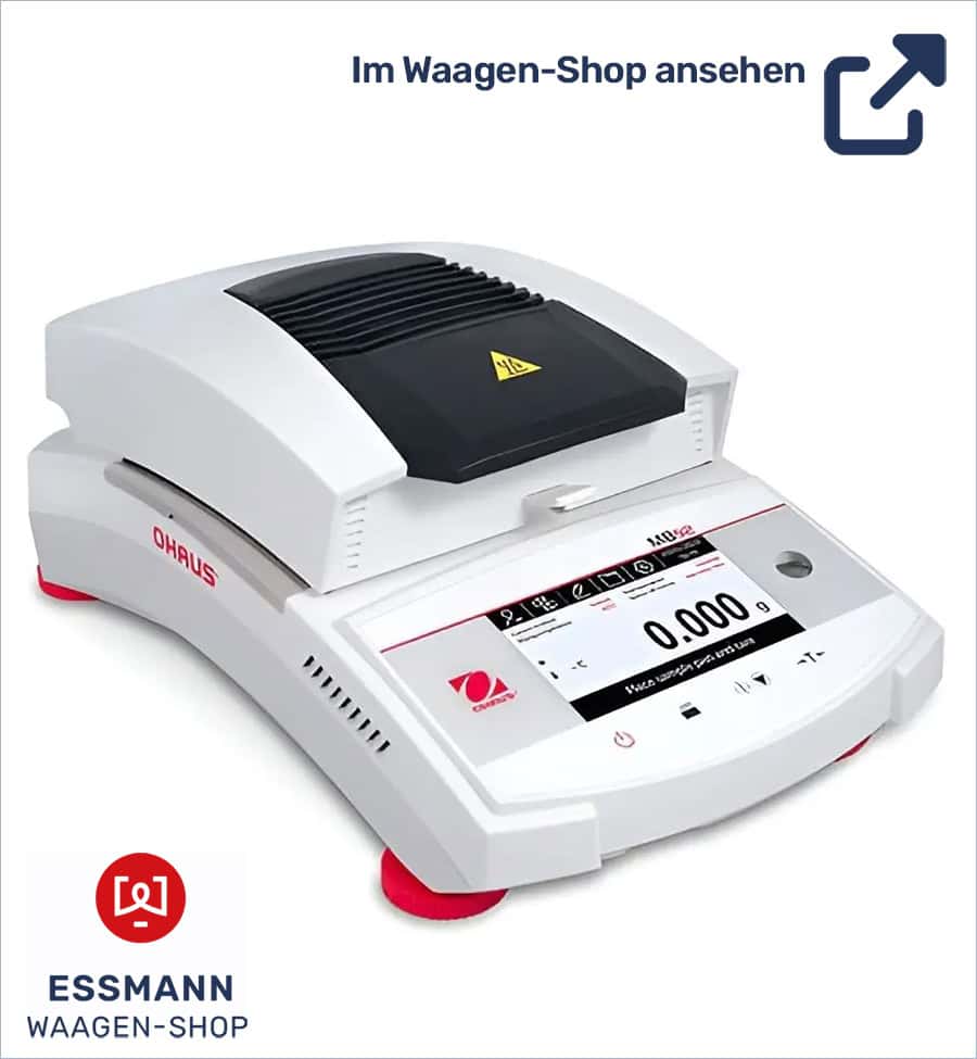 Vochtigheidsmeter Ohaus MB92 met witte behuizing, zwart deksel en digitaal display. Essmann Waagenshop logo linksonder, tekst rechtsboven: 'Bekijk in Waagenshop'. 