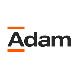 Adam Logo mit orangefarbenen Akzentlinien auf weißem Hintergrund