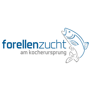 Forellenzucht am Kocherursprung KG Blau-graues Logo Forellenzucht