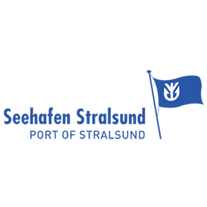 Seehafen Stralsund GmbH Blauer Banner mit weißem Vogel-Symbol