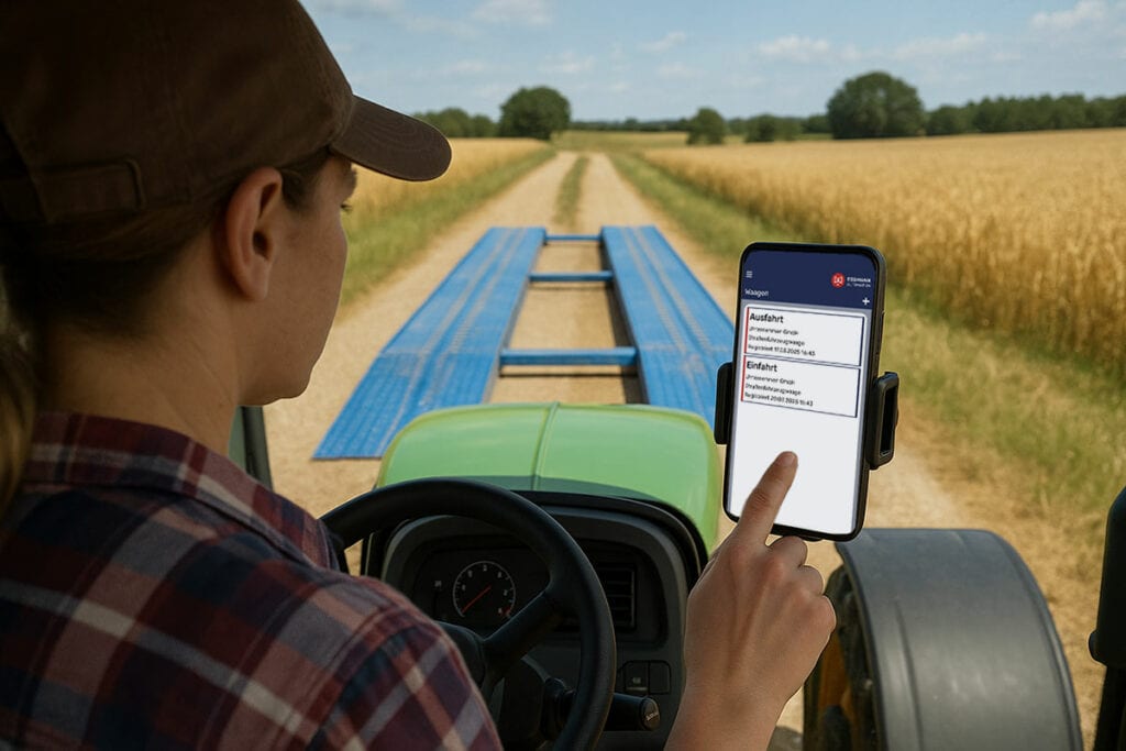 Illustration einer Landwirtin, die auf einem Traktor ein Smartphone nutzt