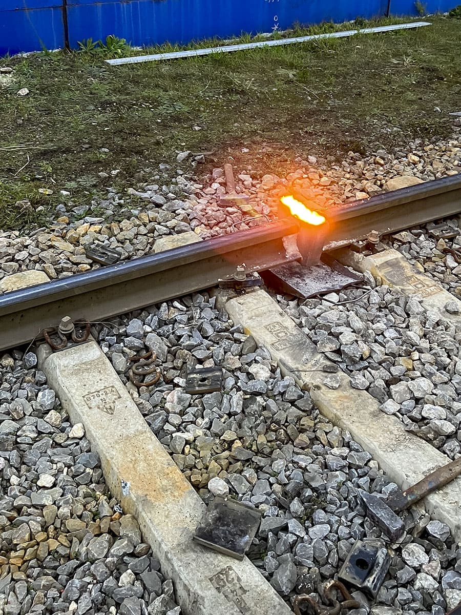 Red-hot welding work on railroad tracks