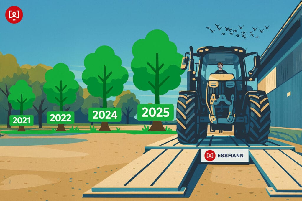 ESSMANN Wachstum 2021-2025: Eine Infografik zeigt einen Traktor auf einer Stahlwaage mit ESSMANN-Logo. Daneben wachsen Bäume von 2021-2025.