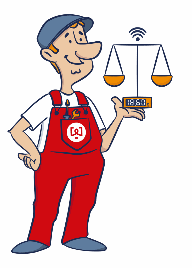 Illustration eines lächelnden Mannes in rotem Overall und Kappe. Er hält eine Waage mit digitaler Anzeige 1860g. Auf seinem Overall ist ein Logo mit Schraubenschlüssel und Computer.