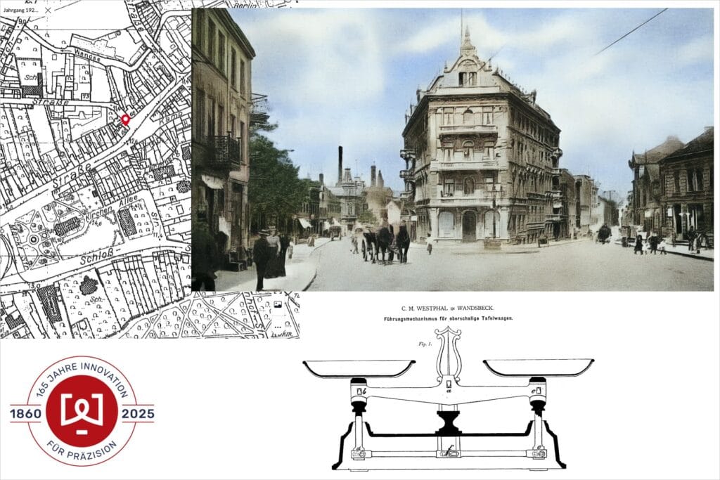 Collage aus historischem Stadtplan, farbigem Foto einer alten Straßenszene, technischem Waagen-Illustration. Emblem '165 Jahre Innovation für Präzision 1860-2025' unten links.