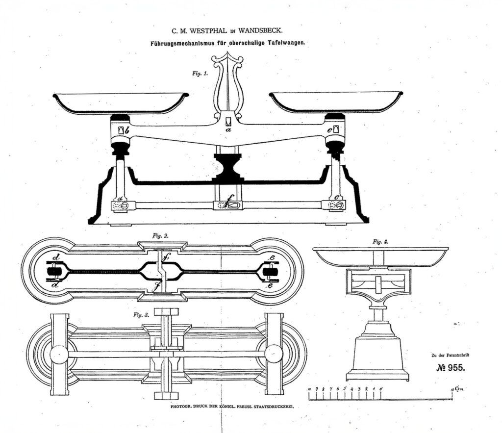 Technische Zeichnung einer antiken Waage. Oben Waage mit zwei Schalen, darunter Mechanismusdetails. Text: 'C. M. Westphal in Wandsbeck', 'Patent Nr. 955'. Schwarz-weiß, detailreich.