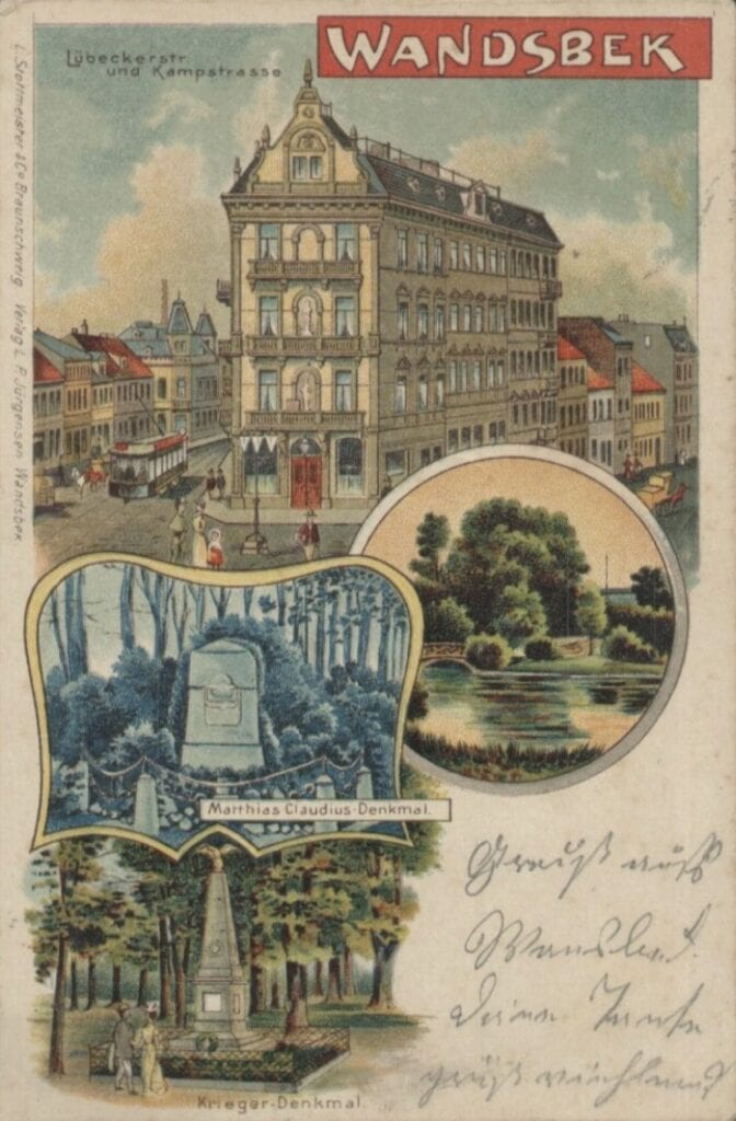 Alte Postkarte mit verschiedenen gezeichneten Motiven aus Wandsbek. Das obere Motiv zeigt ein Haus Ecke Lübecker- und Kampstraße, die es heute nicht mehr gibt. Heute ist es die Wandsbeker Martktstraße.