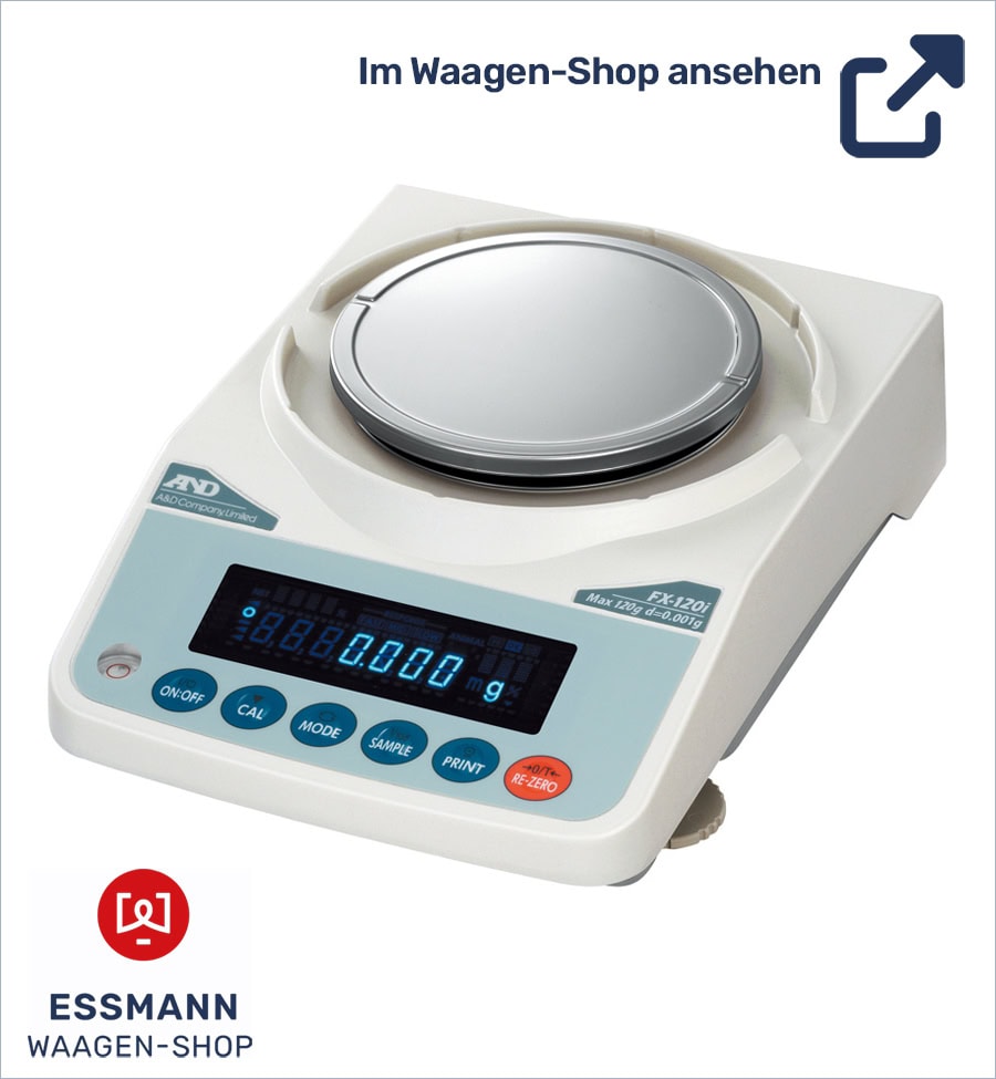Elektronische Waage, FX 120i, mit rundem Wiegeteller, digitalem Display und Bedienelementen. Titel 'and fx 120i als pulverwaage'. Essmann Waagen-Shop-Logo unten links.