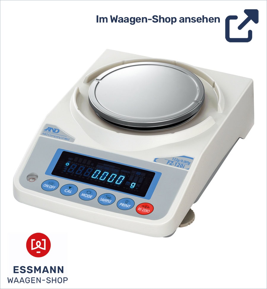 Digitale Präzisionswaage FZ-120i mit Display und Tasten für On/Off, Kalibrierung und Funktionen. Anzeige bei 0,000 g. Essmann Waagen-Shop Logo unten links.