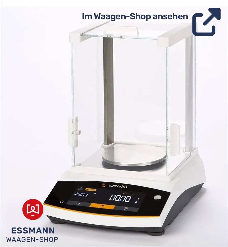 Präzisionswaage Sartorius Entris II als Pulverwaage mit transparentem Gehäuse, weißem und schwarzem Sockel, digitaler Anzeige. Markenlogo und Schriftzug von Essmann Waagen-Shop sind sichtbar.