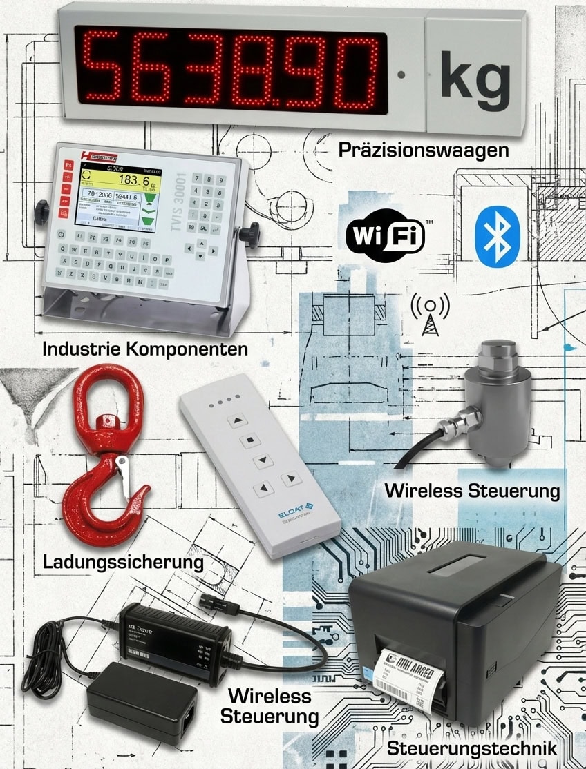 Red LED display with 5638.90 kg, precision scales labeling. Industrial components with keypad. Wi-Fi, Bluetooth symbols. Red hook for load securing. Remote control, wireless control, printer for control technology. Background with technical drawings.