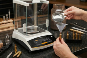 Elektronische Feinwaage auf Tisch, daneben Patronenhülsen, Hände schütten Pulver über Trichter in Hülse. Skala zeigt „0.000 g“. Stimmung: Präzise, konzentriert. Titel: Wiederlade-Waage.
