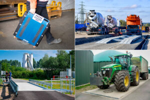 Vier Bilder zeigen unterschiedliche Fahrzeugwaagen. Oben links: Person trägt tragbare Mobilwaage. Oben rechts: LKW auf mobiler Brückenwaage. Unten links: Betonbrückenwaage Überflur mit Schüttgut im Hintergrund. Unten rechts: Traktor auf Unterflur-Fahrzeugwaage. Kontext: Vergleich von Fahrzeugwaagen-Typen.
