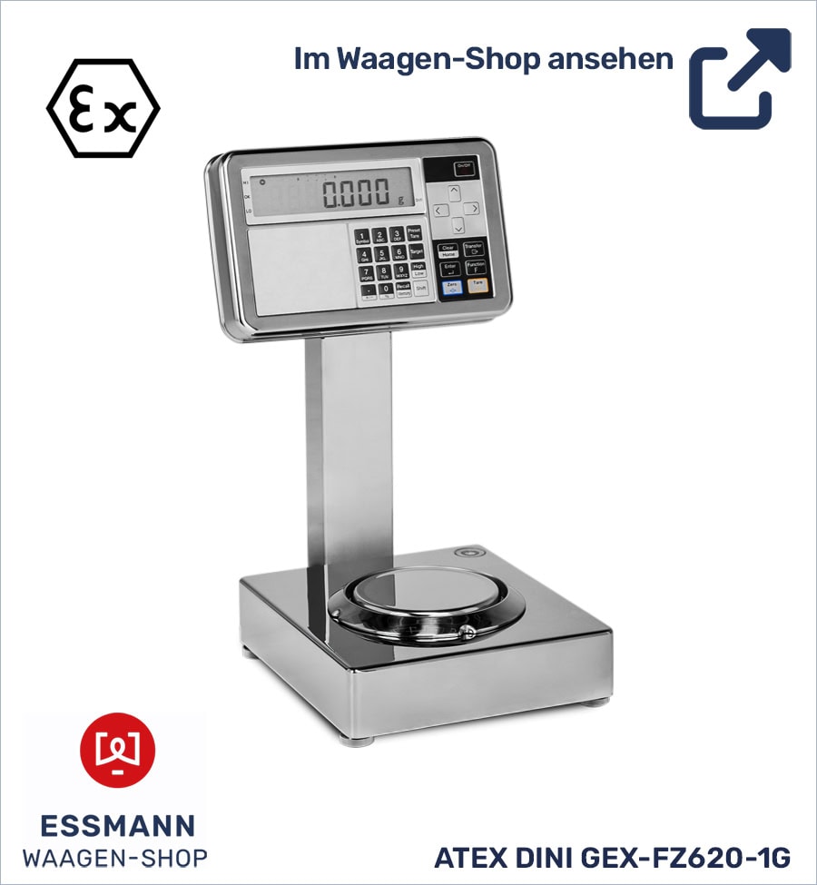 Explosionsgeschützte Edelstahlwaage Waage 'ATEX DINI GEX-FZ620-1G' aus Metall mit digitalem Display und Tastenfeld. Oben links Ex-Symbol, Hinweis auf Waagen-Shop.