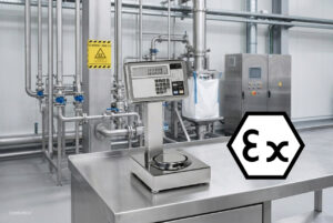 Industrieumgebung mit explosionsgeschützter Waage aus Edelstahl auf Tisch. Hintergrund: Rohre, Schaltkästen, gelbes Warnschild, ATEX-Symbol. Sterile, silberfarbene Einrichtung.