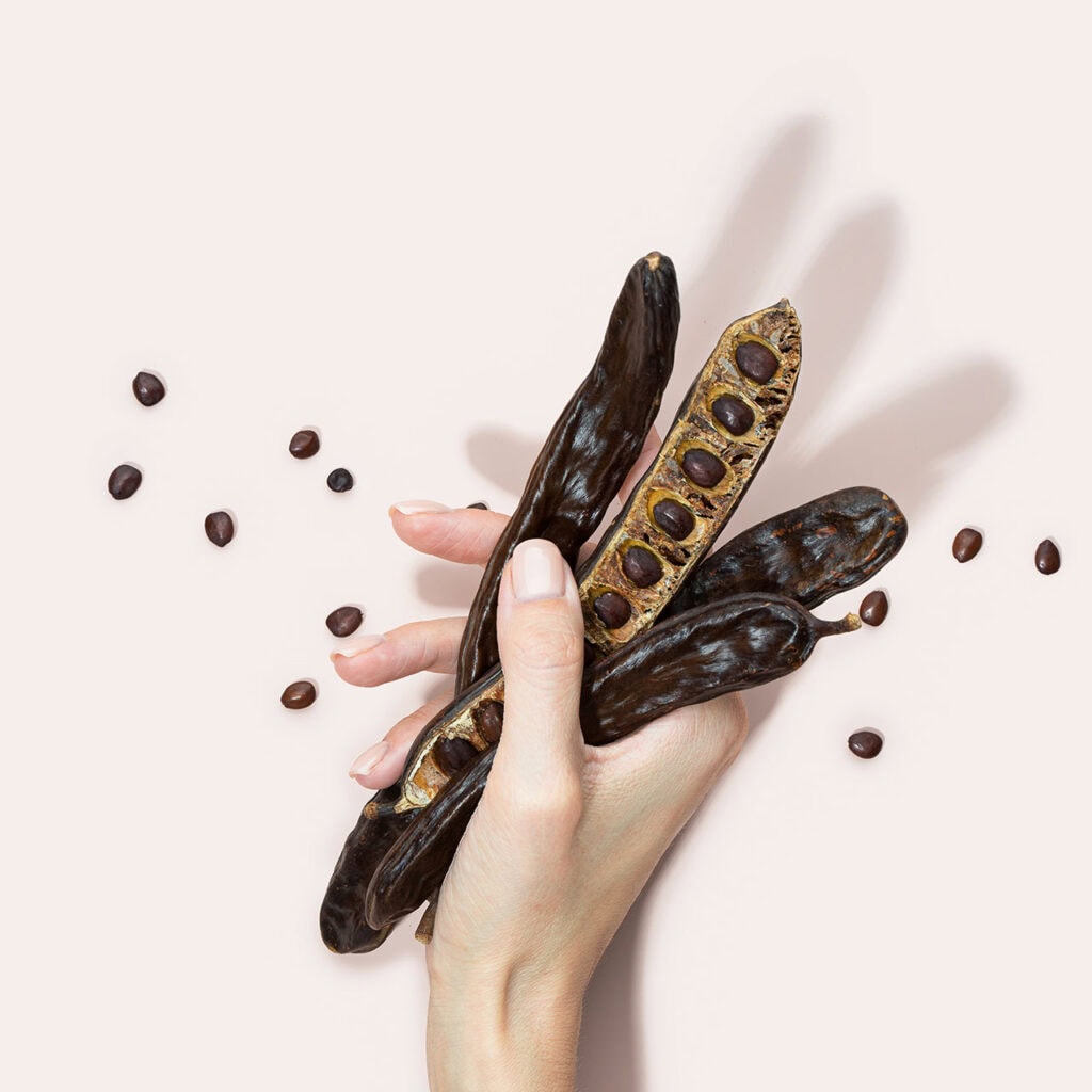 Hand hält Johannisbrot-Schoten