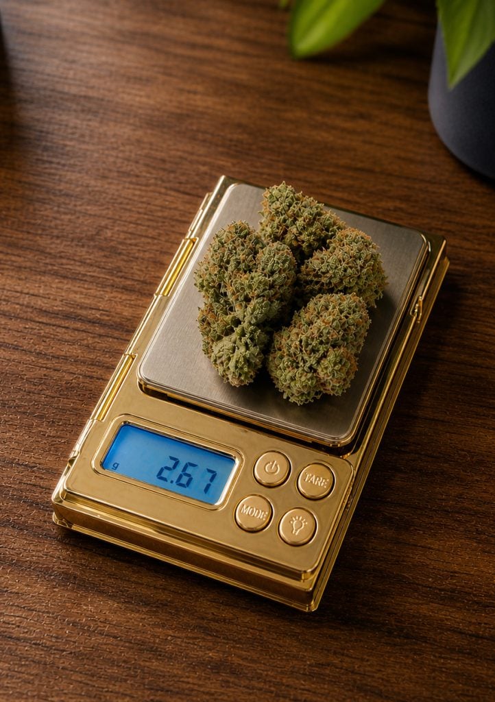 Cannabisblüten auf digitaler Waage, 2,67 Gramm