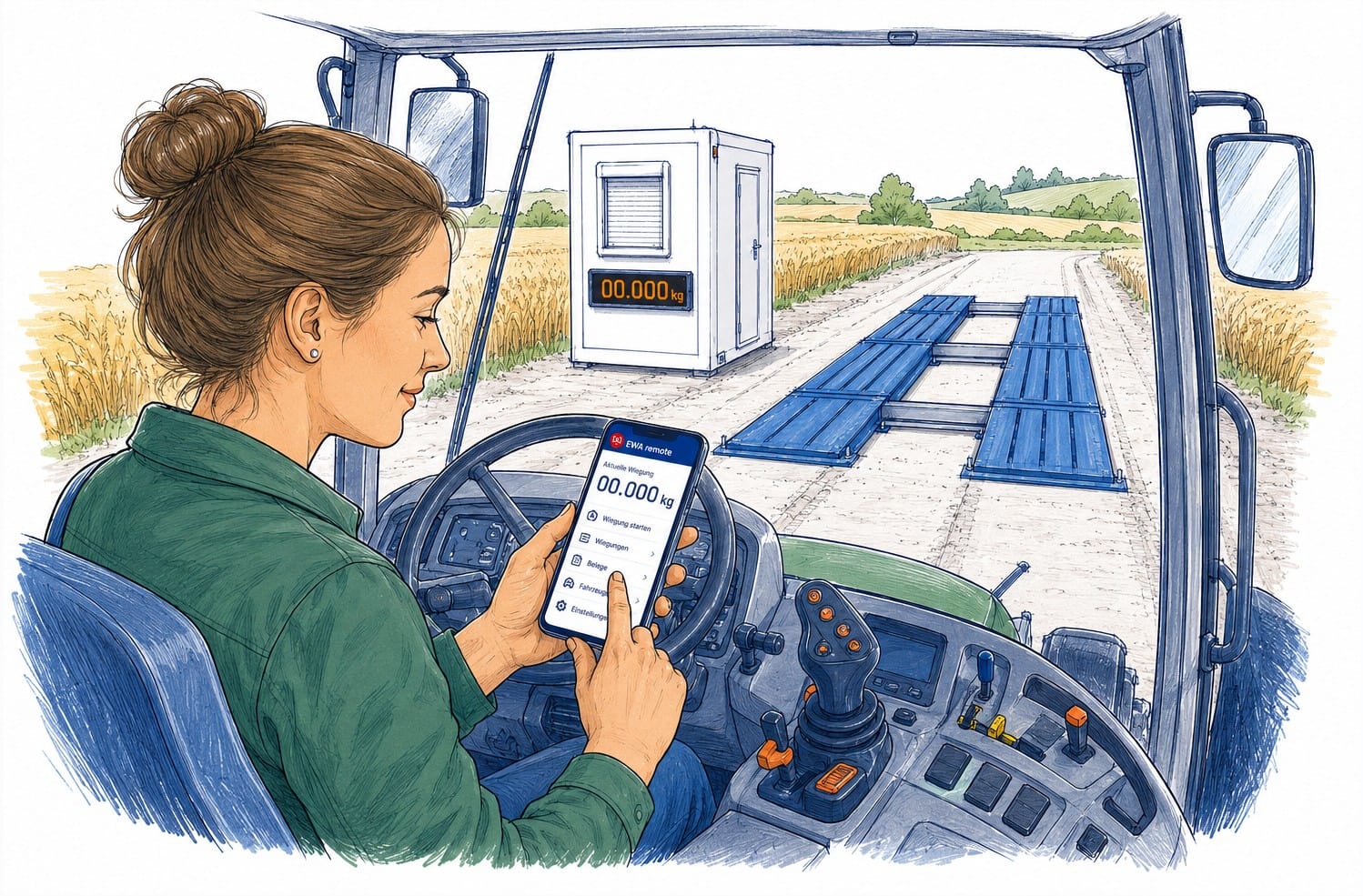 Frau im Traktor nutzt Waagen-App auf Smartphone