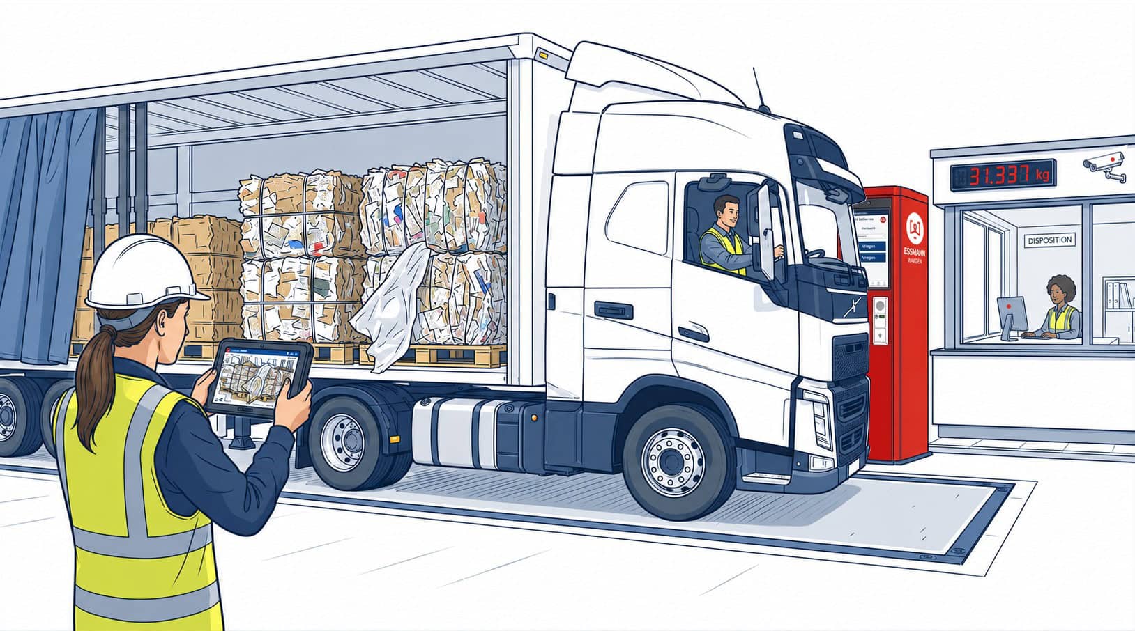 Yard Management Software rund um die LKW-Waage: LKW mit Altpapierladung wird auf Fahrzeugwaage gewogen, LAdung wird mit Tbalet dokumentiert