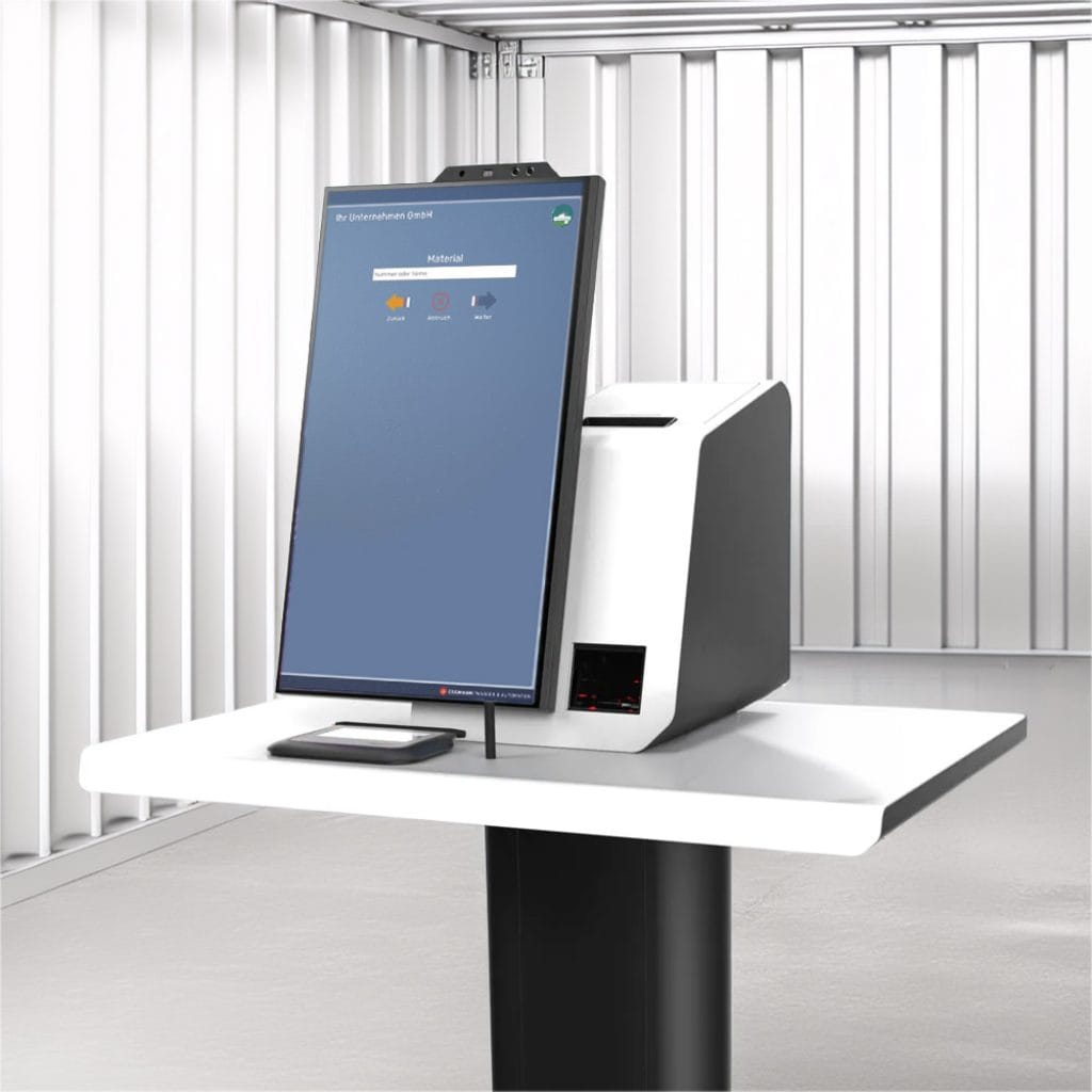 Modern self-service kiosk with a monitor and printer