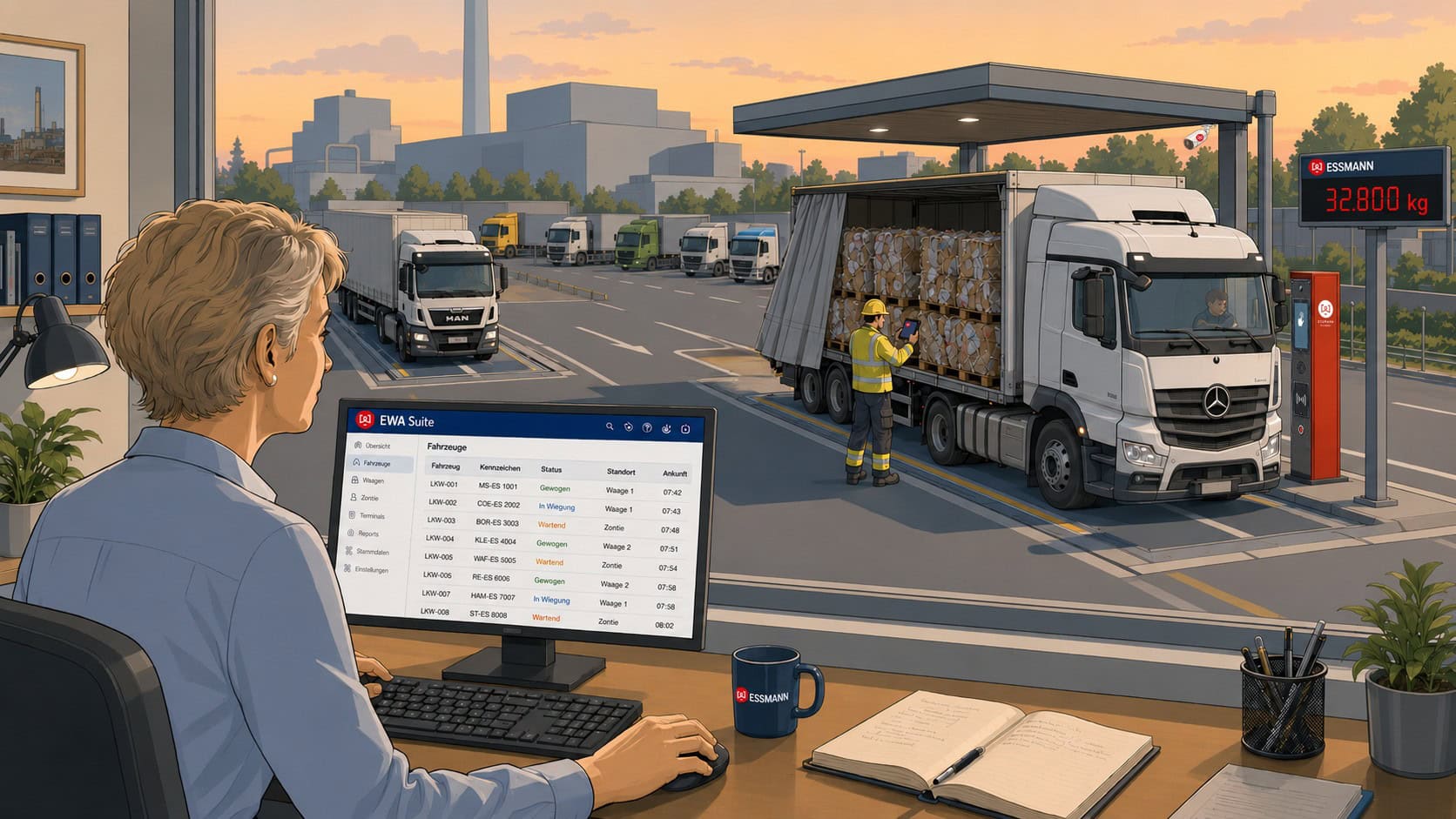 Mitarbeiterin überwacht LKW-Wiegeprozess mit EWA Suite Software