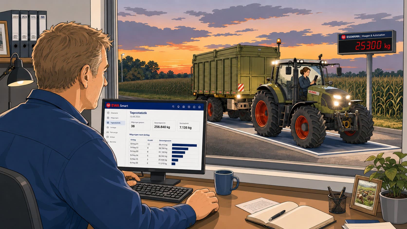 Ein Landwirt analysiert Wiegedaten am PC, eine Frau steuert die Waage vom Traktor aus