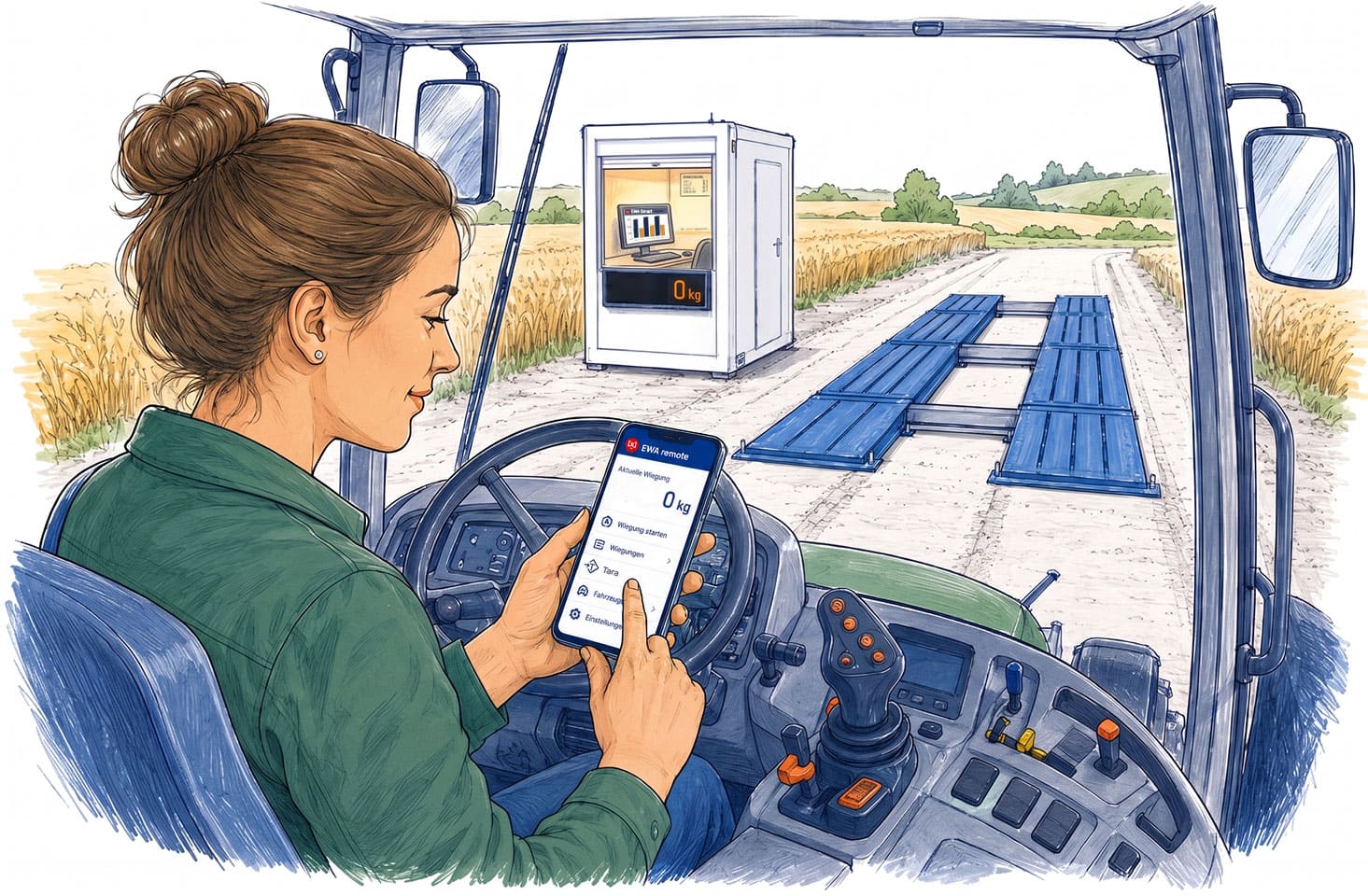 Fahrerin im Traktor nutzt EWA-Remote-App zur Fahrzeugwiegung