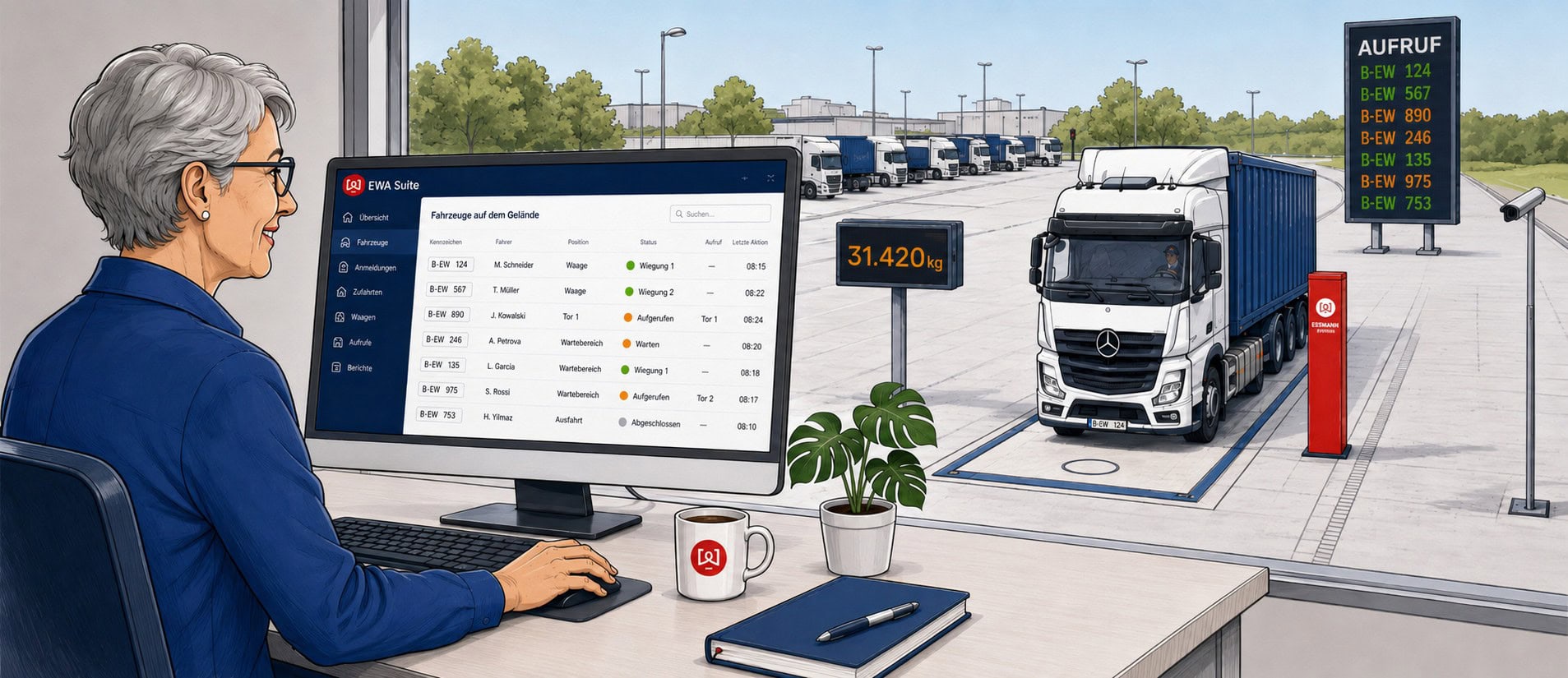 Mitarbeiterin überwacht LKW-Wiegeanlage mit EWA-Suite-Software