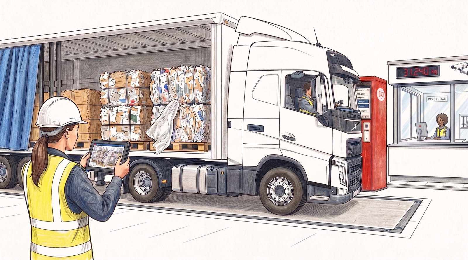 EWA Suite: Mitarbeiterin kontrolliert Ladung von LKW auf Waage. Im Büro sitzt eine Disponentin.