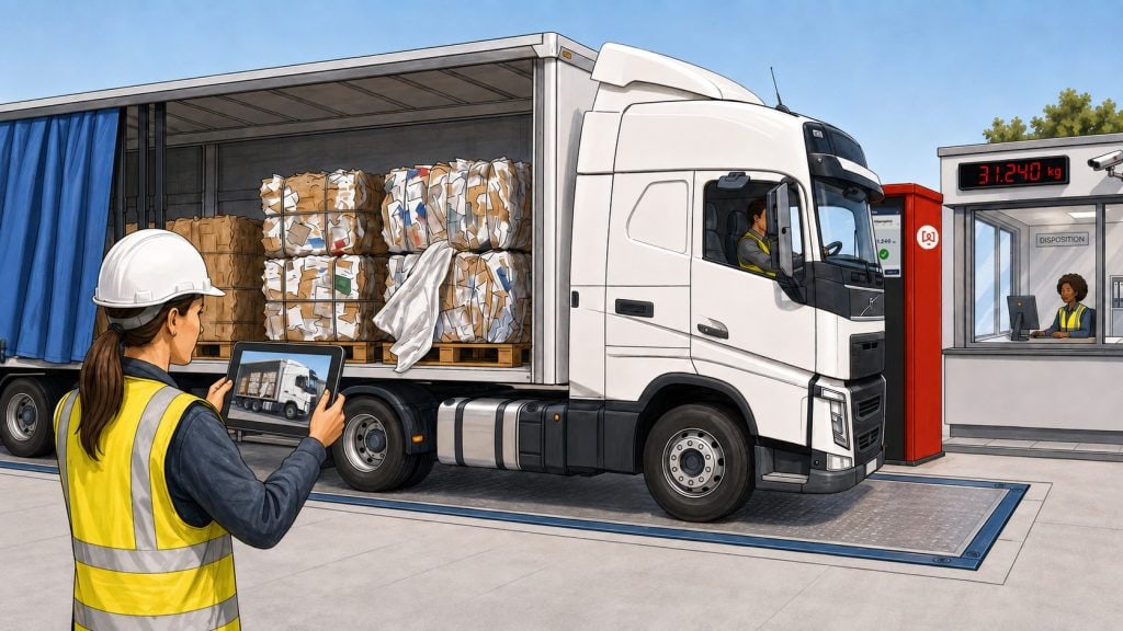 Mitarbeiterin kontrolliert LKW mit Altpapier auf Fahrzeugwaage