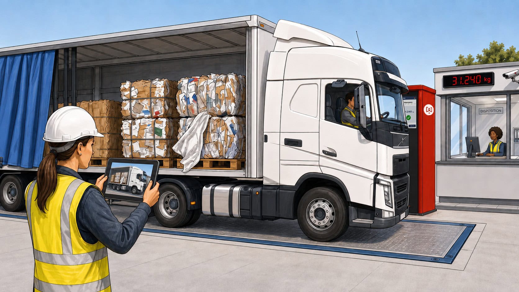Mitarbeiterin kontrolliert LKW mit Altpapier auf Fahrzeugwaage