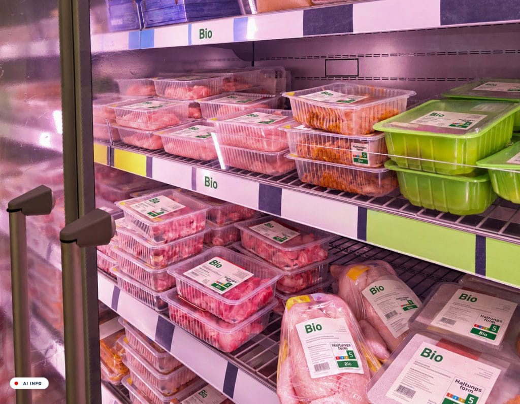 Bio-Fleischprodukte in Kühltheke im Supermarkt